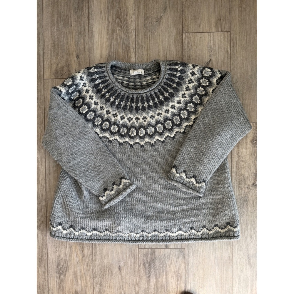 Vintage LL Bean Womens XL Wool Fair Isle Sweater Gray Chunky Knit Yoke Pullover